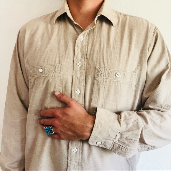 🔥SOLD🔥90s VTG LL BEAN 100% Cotton Tan Beige Long Sleeve Collared Shirt Sz - Picture 3 of 8